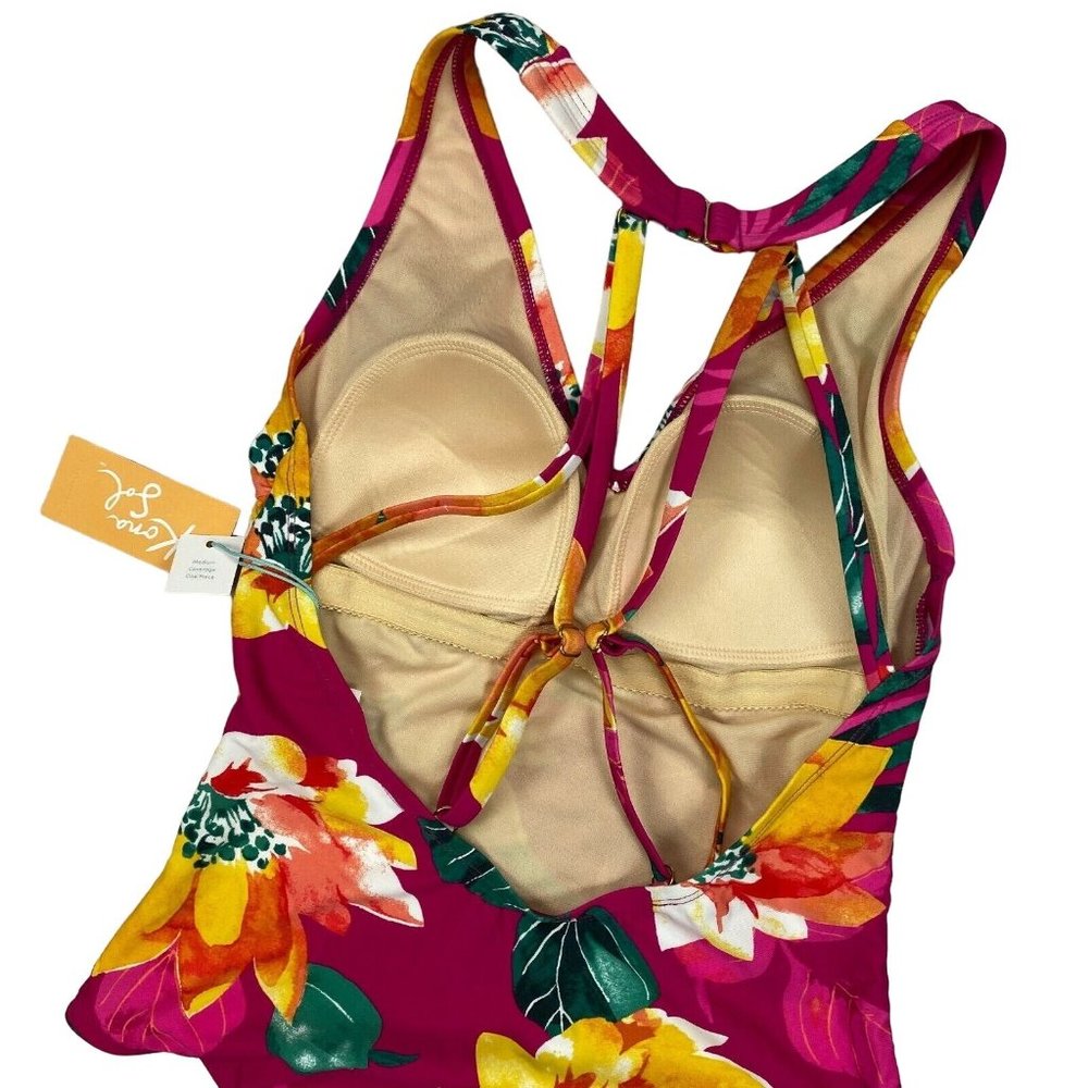 Kona Sol One Piece Swimsuit Size Small Womens Tropical Floral Pink V Neck - Picture 6 of 9